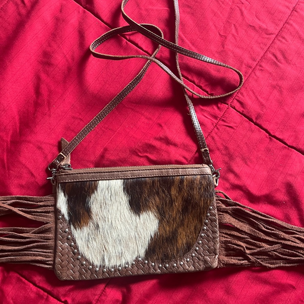 Brown and White Spotted Crossbody Bag with Fringe